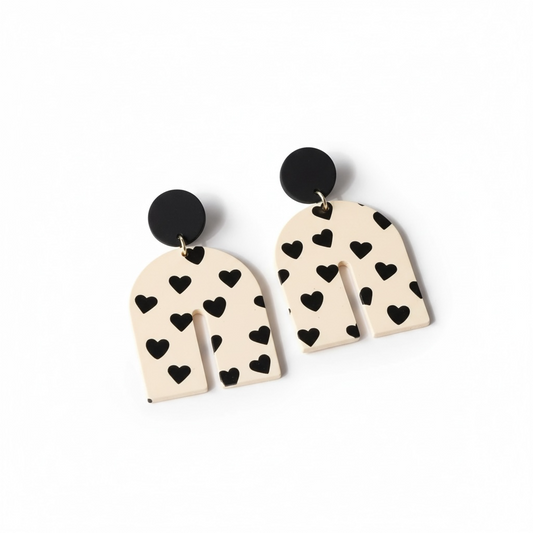 Black + Beige Heart Polymer Half Arch Drop Earrings