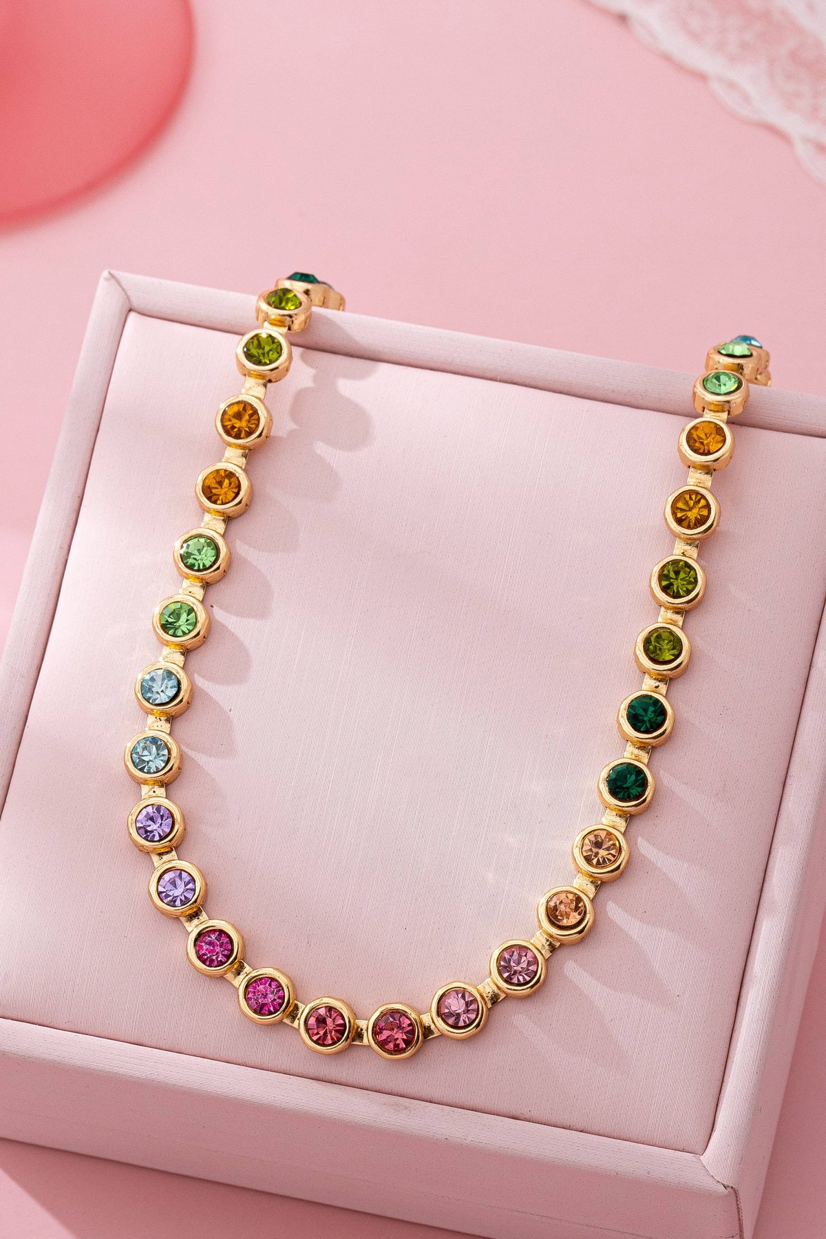 Rainbow Bezel-Set Gemstone Tennis Necklace | 80N92827: Gold