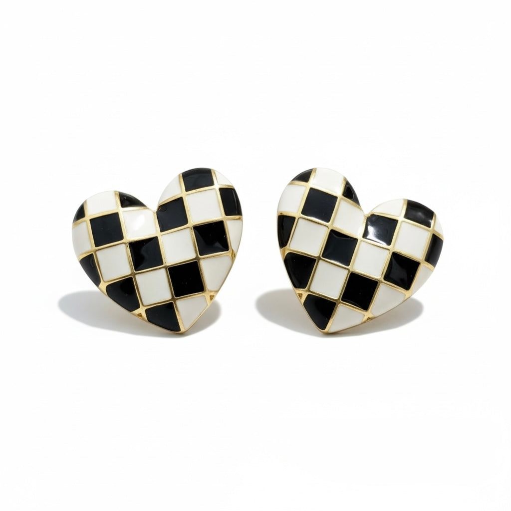 Checkered Enamel Heart Stud Earrings