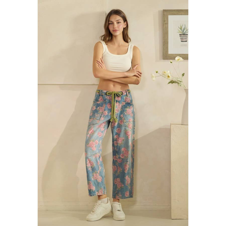 Washed Denim Floral Print Barrel Jeans