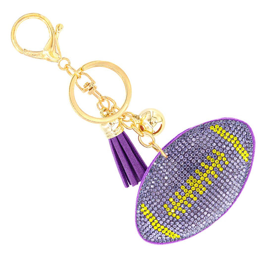 Gameday Rhinestone Pave Tassel Football Keychain: Purple + Gold