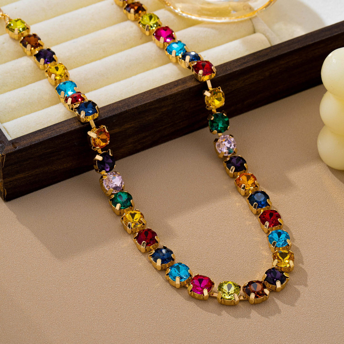 Brass & Multi-Color Glass Crystal Tennis Necklace | 80N93702: AQUA