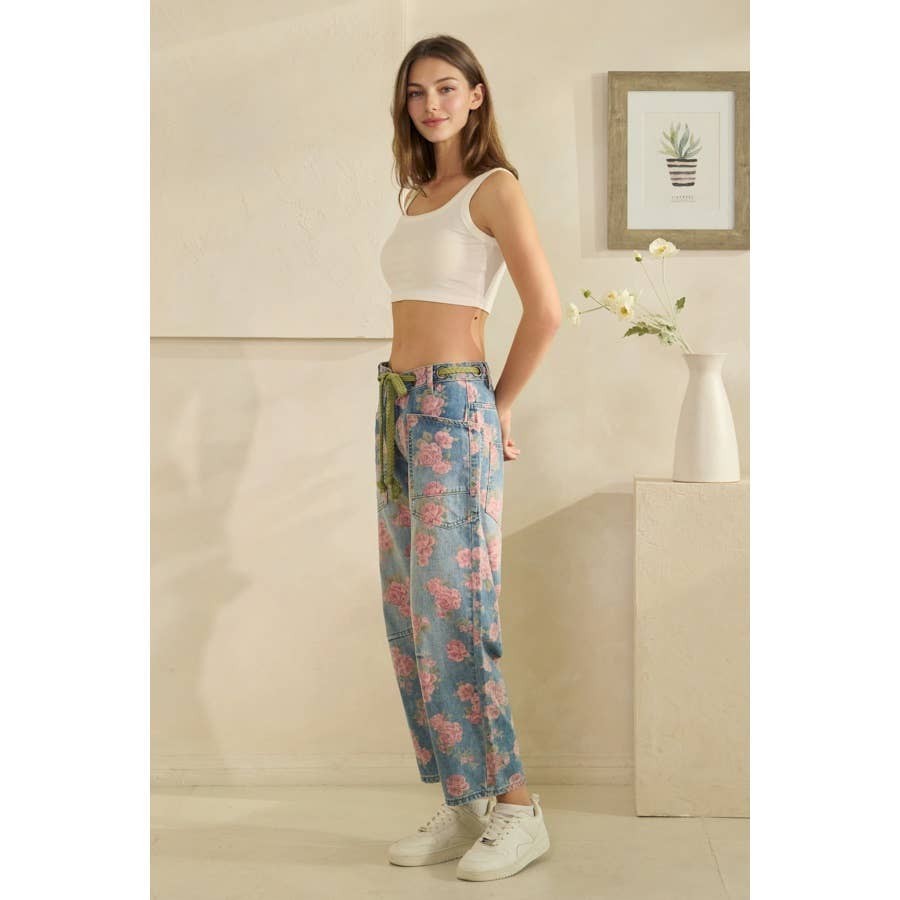 Washed Denim Floral Print Barrel Jeans