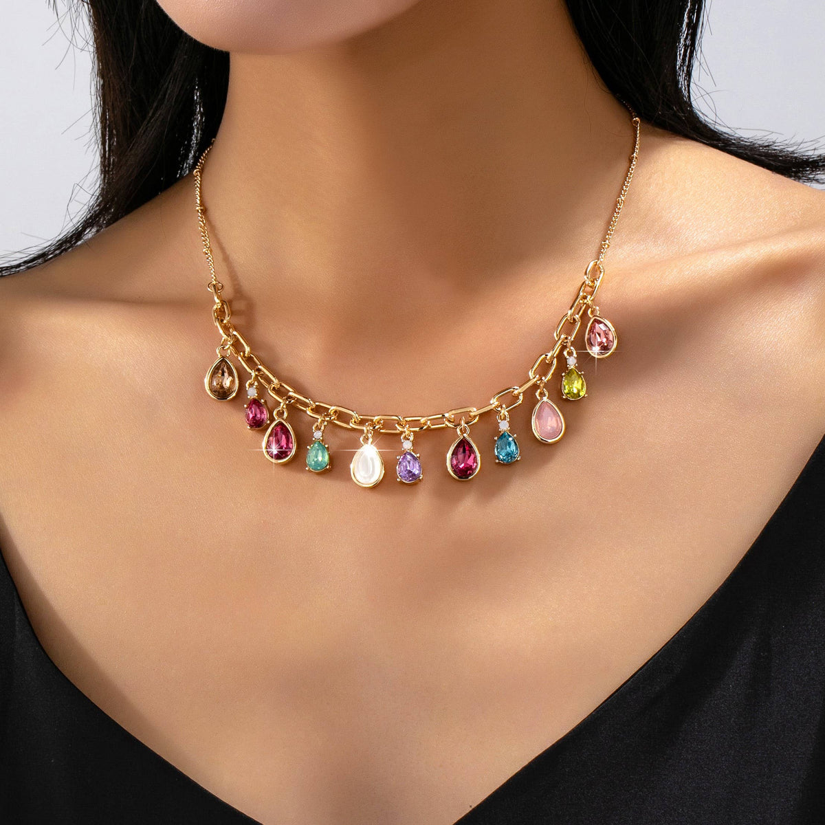 Multicolor Teardrop Crystal Charm Necklace | 80N93407: Gold