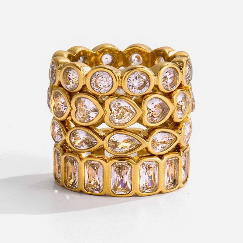 Gold Rhinestone Multi-Shape Eternity Stack Rings | 40R142: HEART