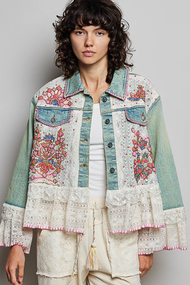 Boho Embroidered Denim Lace Jacket