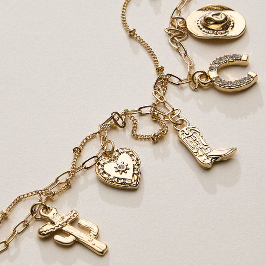 Silver Western Charm Bracelet – Cowboy Boot, Hat, Horseshoe, Cactus and Heart Charms