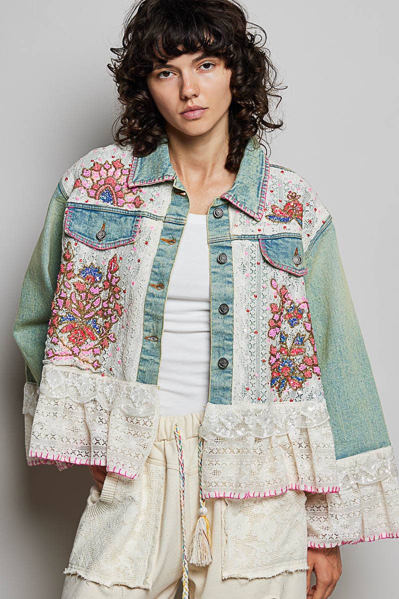 Boho Embroidered Denim Lace Jacket