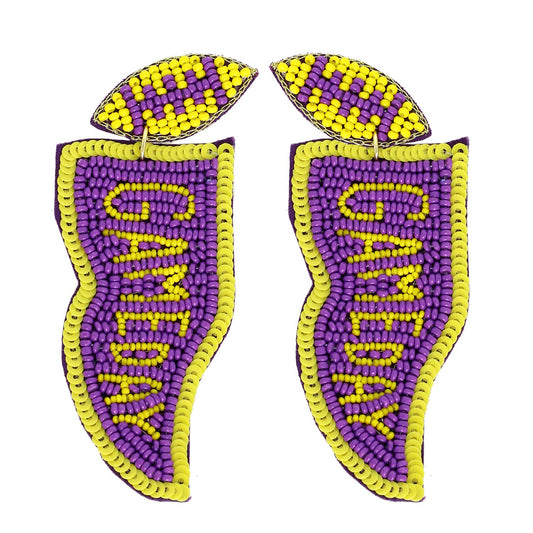Game Day Letter Beaded Sequins Flag Post Earrings : Purple + Gold