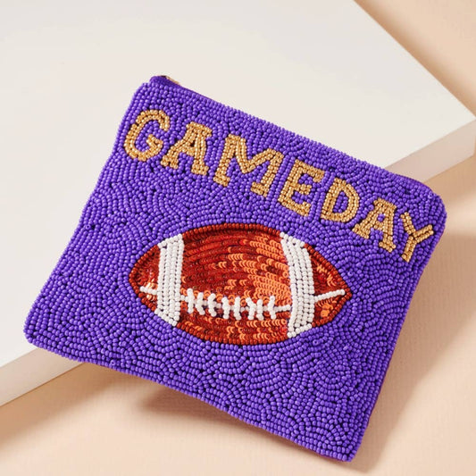 Beaded Game Day Football Mini Pouch: Purple + Gold