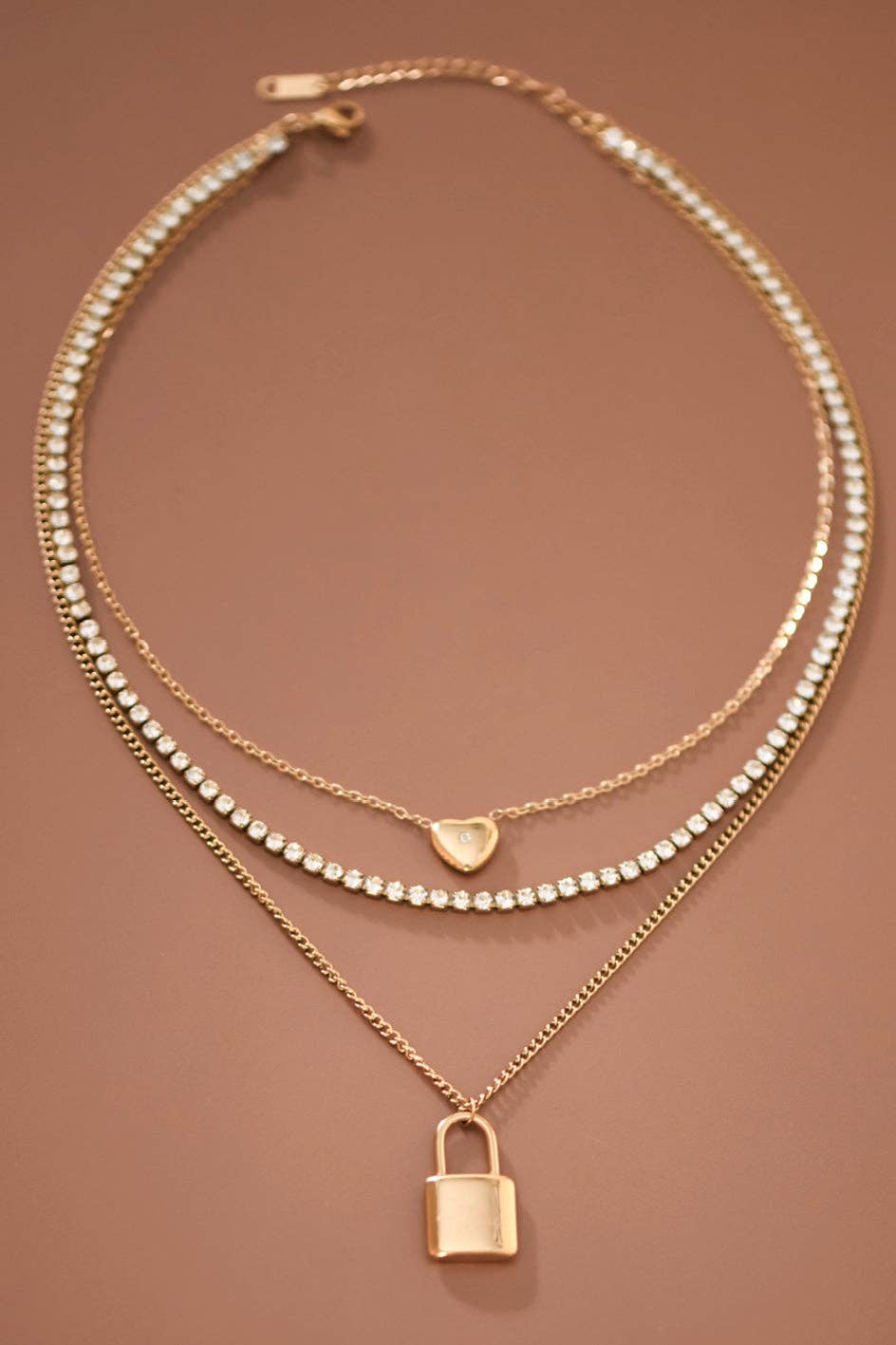 18K Gold PVD Plated Stainless Steel Layered Lock Necklace – 7904: S0OX3T7977
