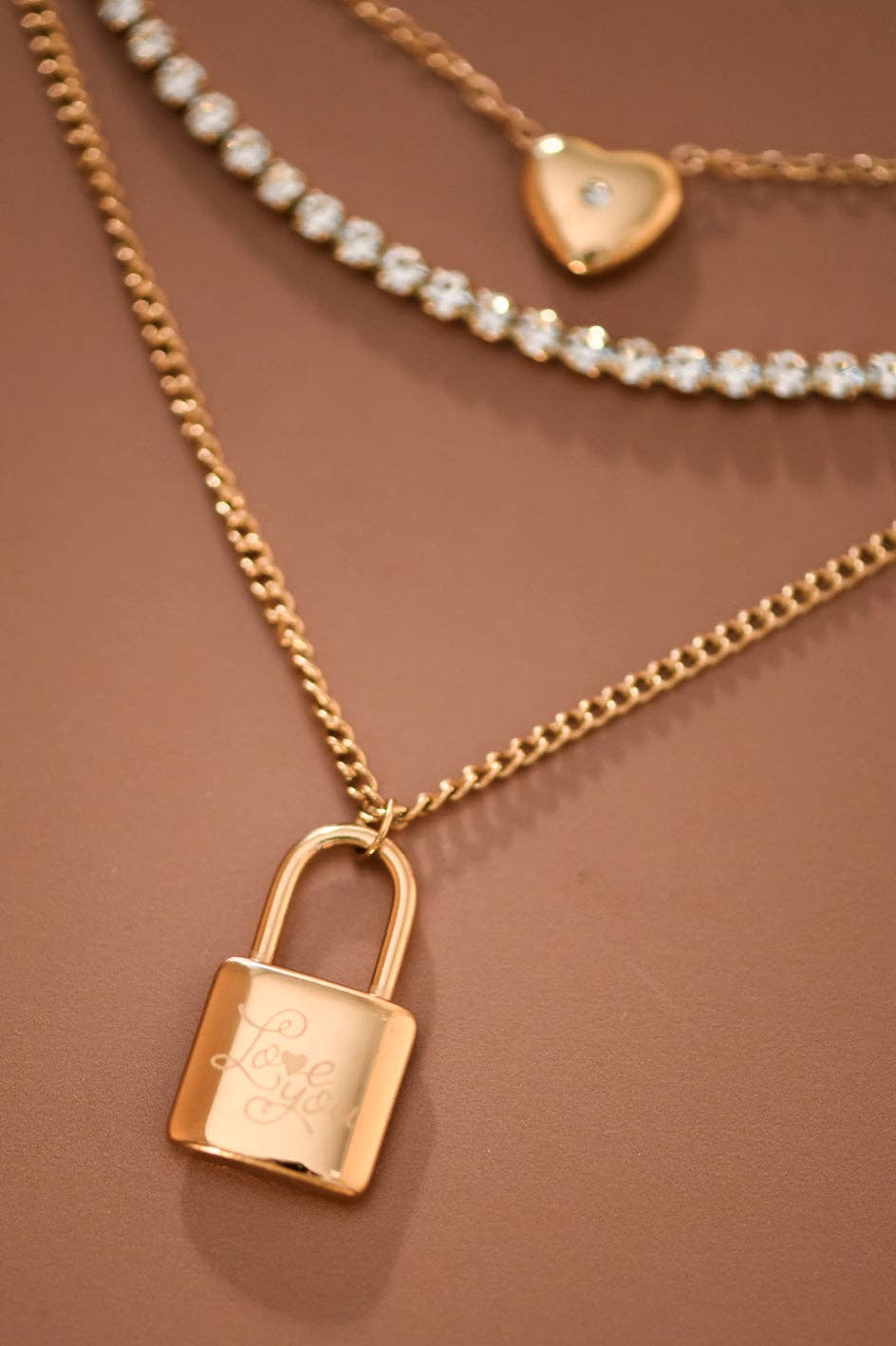 18K Gold PVD Plated Stainless Steel Layered Lock Necklace – 7904: S0OX3T7977