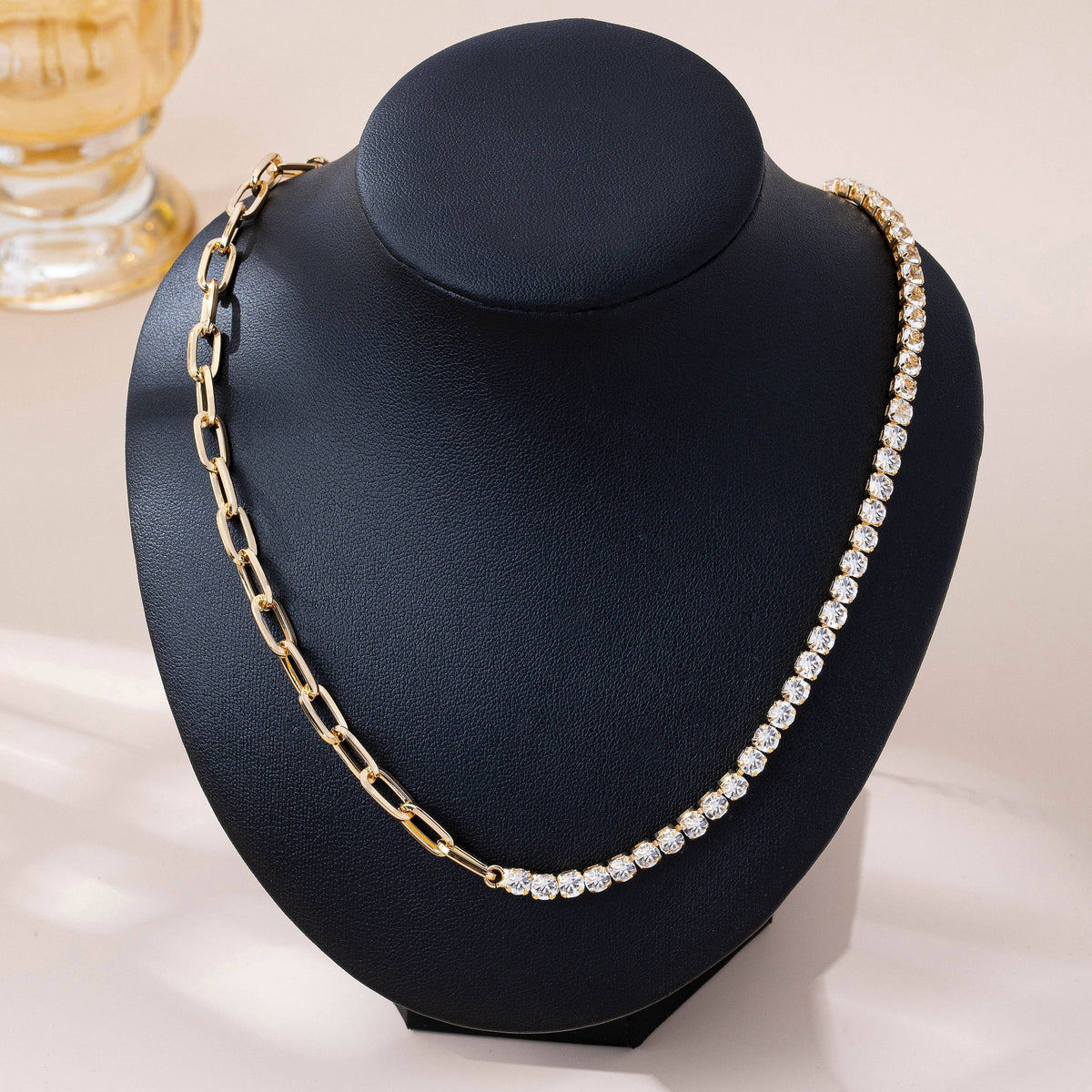 Dual Necklace-Half Rhinestones & Half Link Chain | 80N92669: GOLD