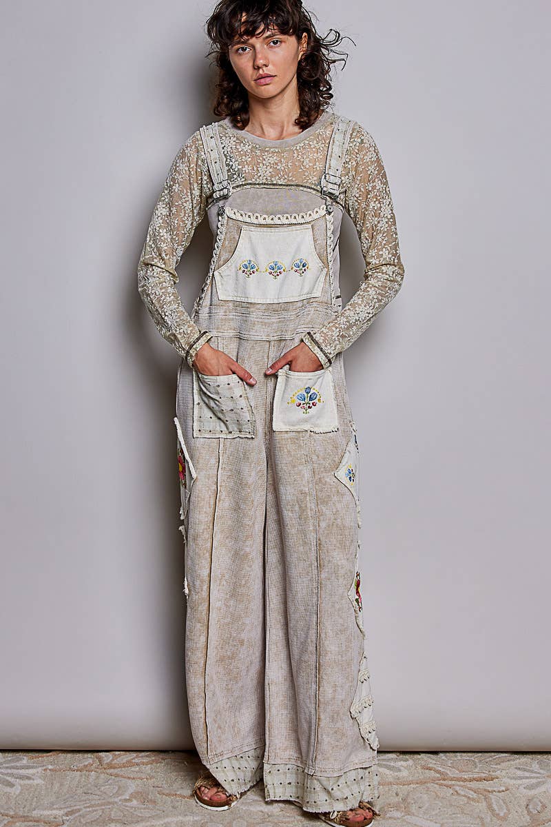 Vintage Embroidered Patchwork Lace Trim Utility Jumpsuit