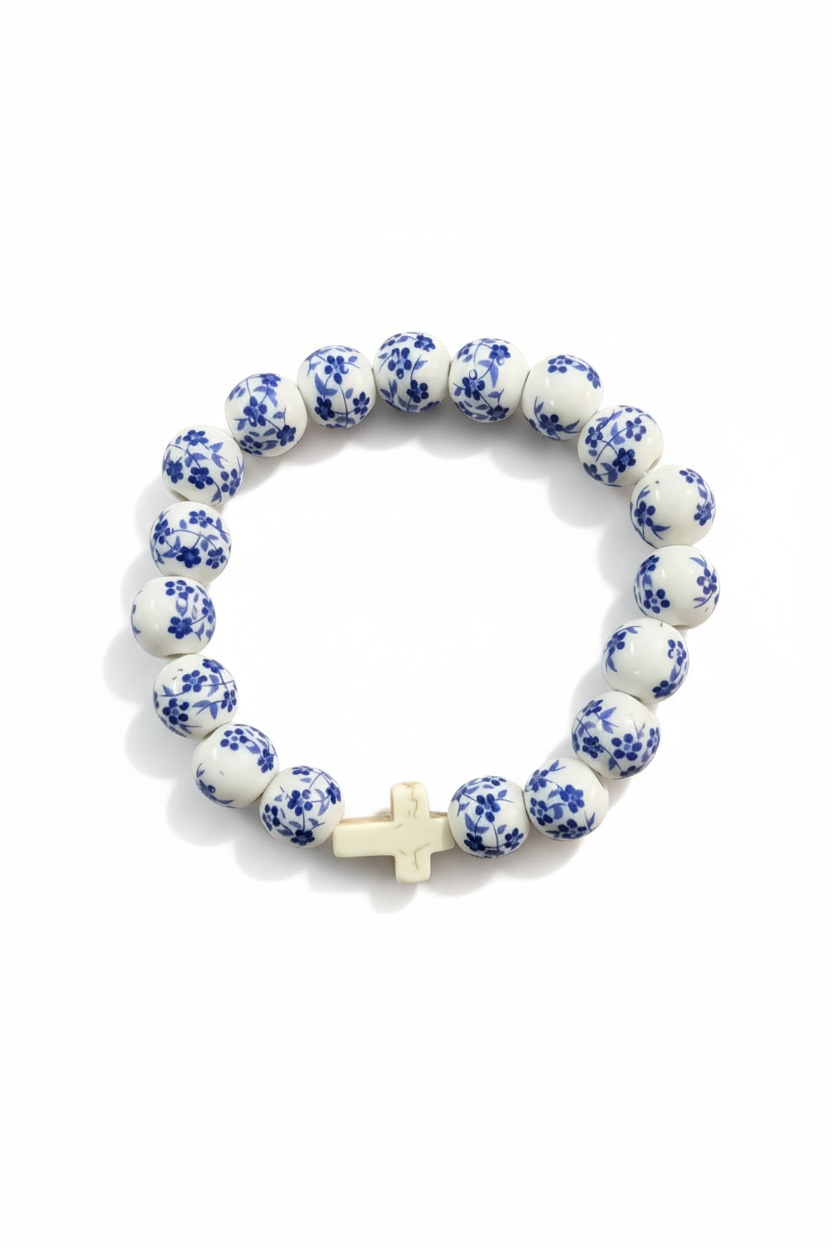 Blue & White Porcelain Ceramic Bead Stretch Bracelet