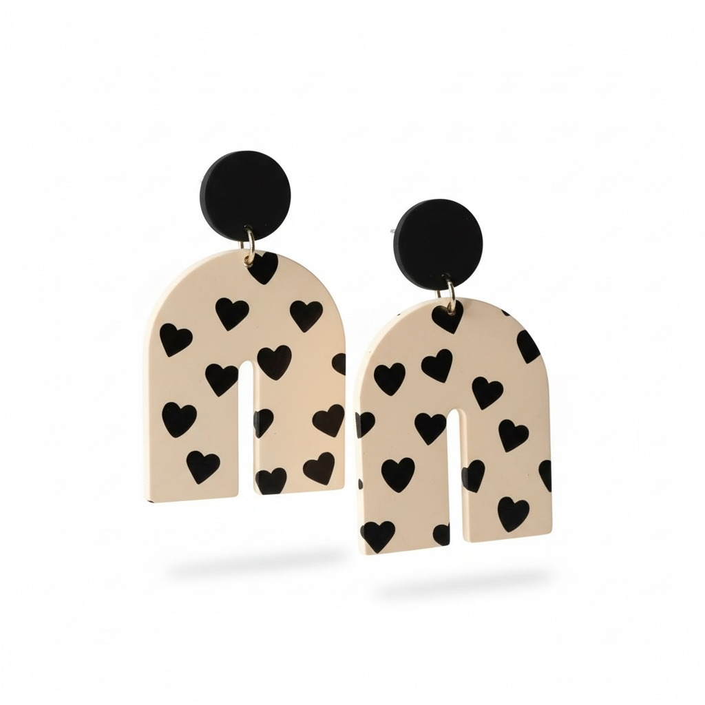 Black + Beige Heart Polymer Half Arch Drop Earrings