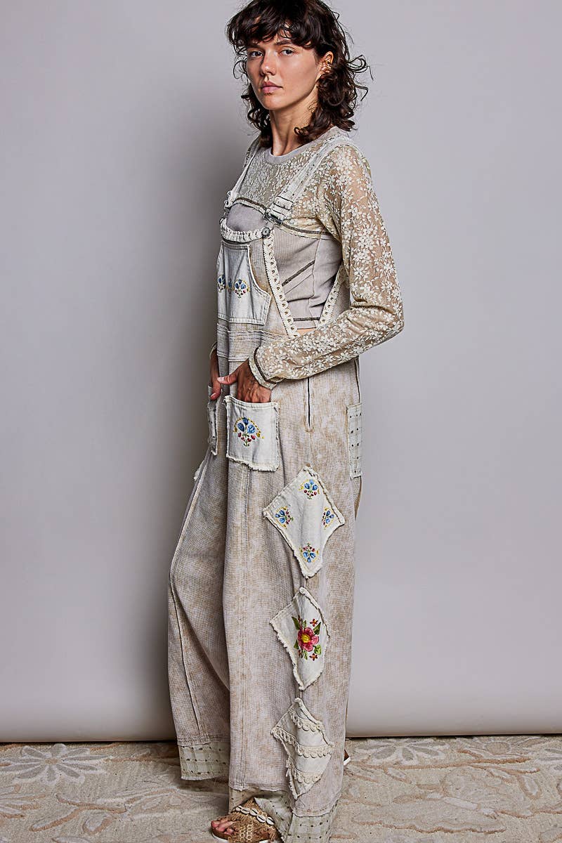Vintage Embroidered Patchwork Lace Trim Utility Jumpsuit