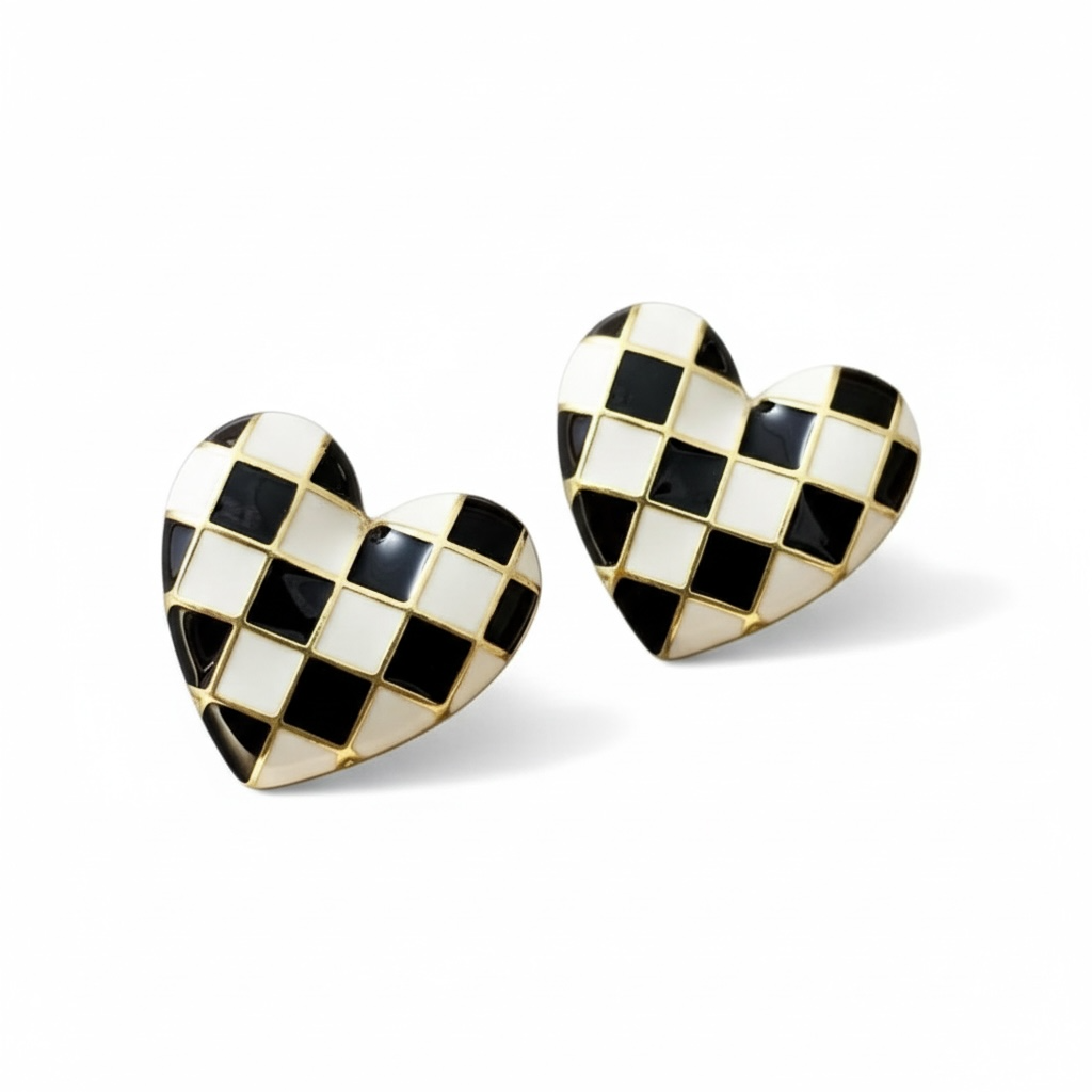 Checkered Enamel Heart Stud Earrings