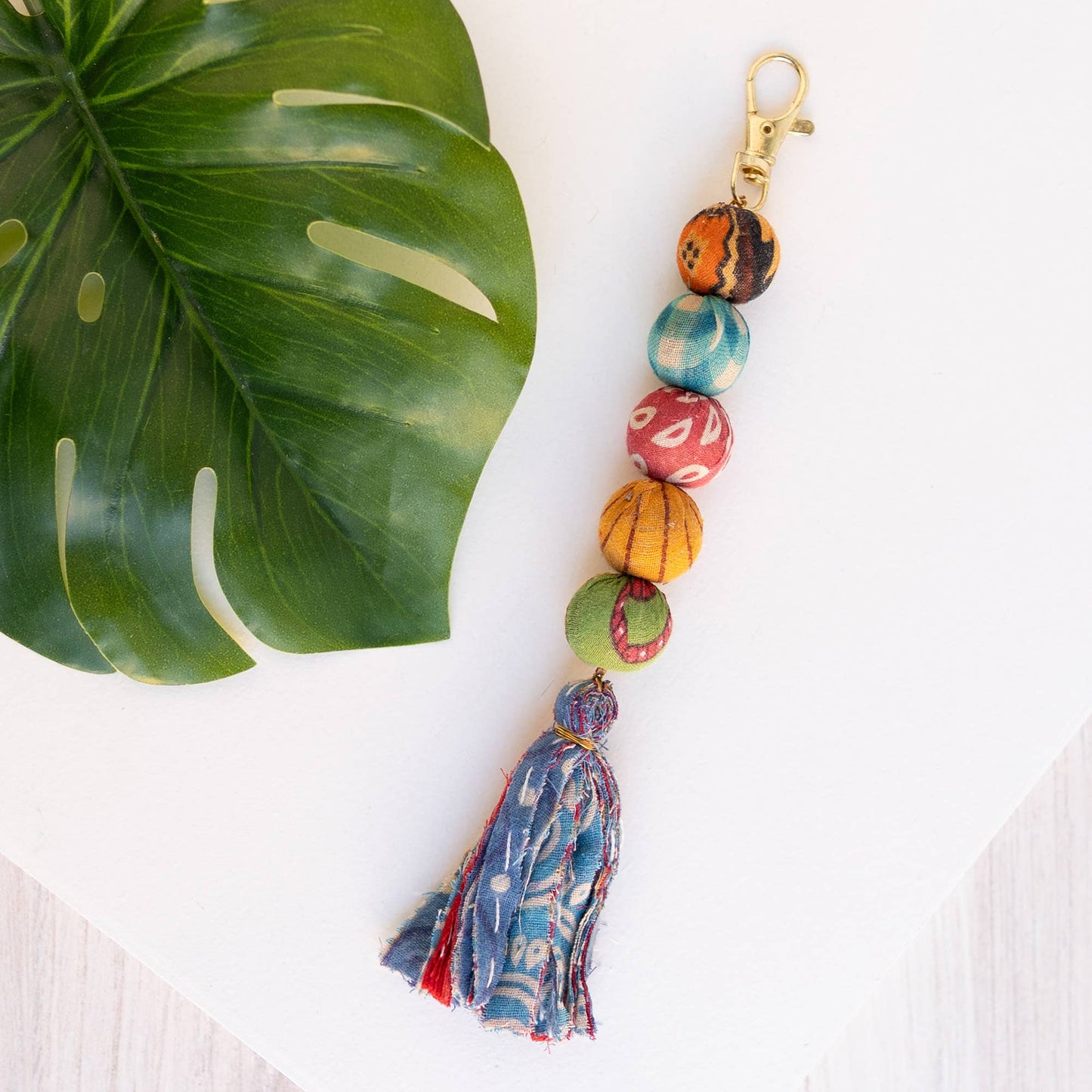 Kantha Bead & Fringe Keychain Bag Clip