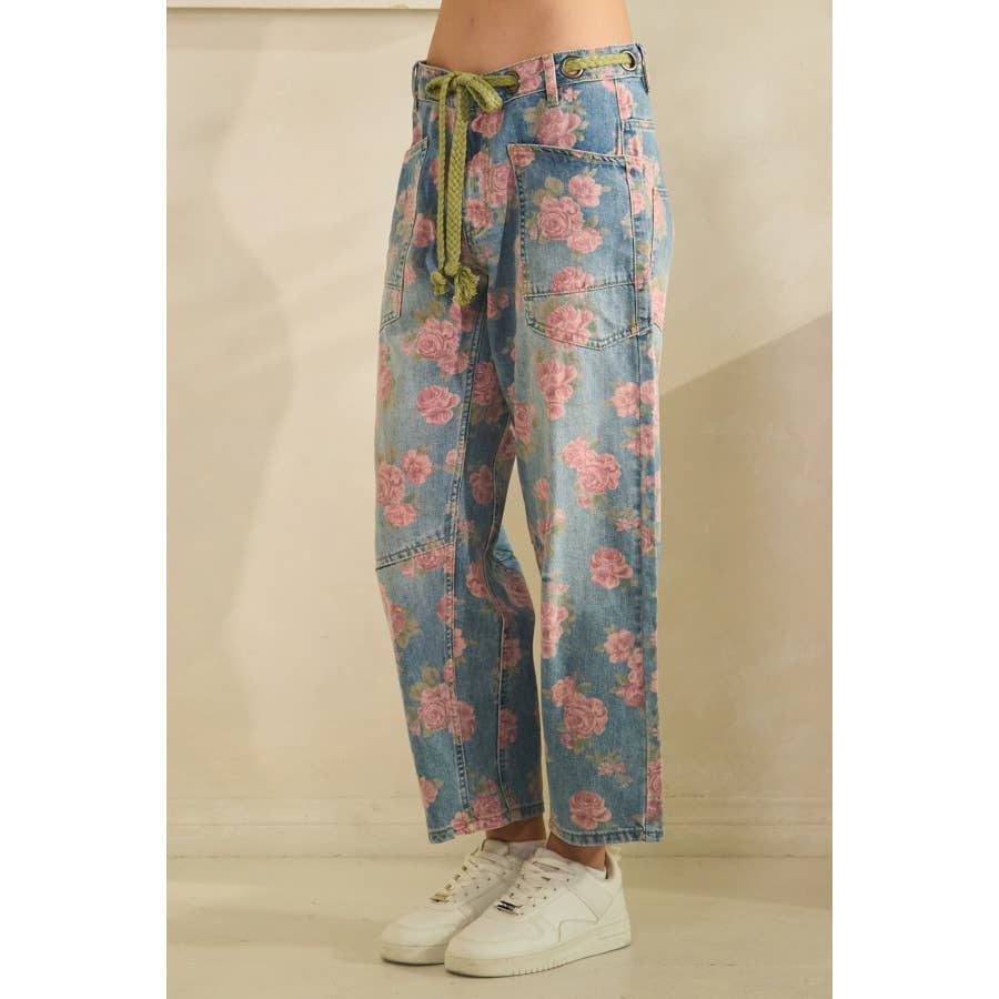 Washed Denim Floral Print Barrel Jeans