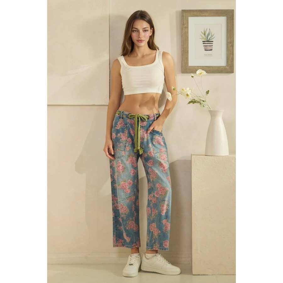 Washed Denim Floral Print Barrel Jeans