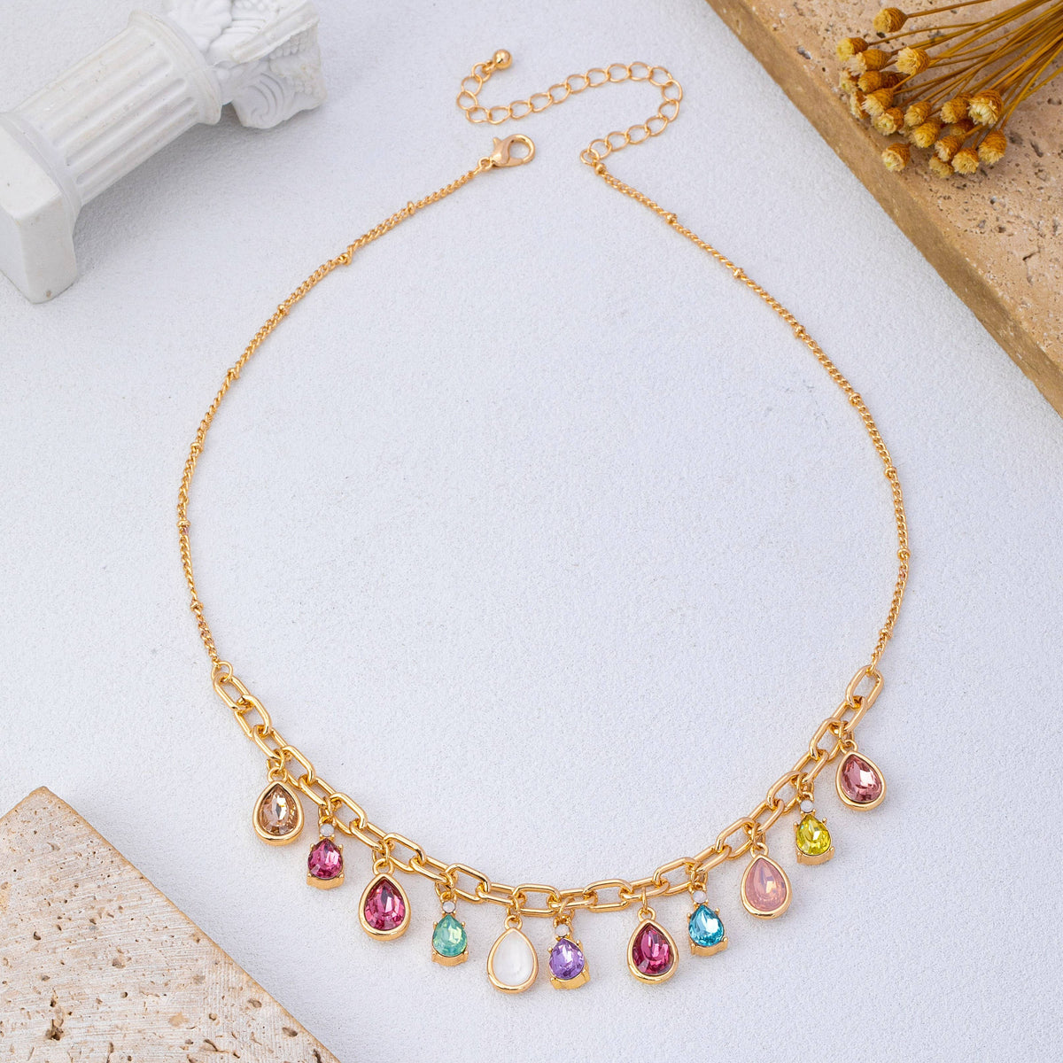 Multicolor Teardrop Crystal Charm Necklace | 80N93407: Gold