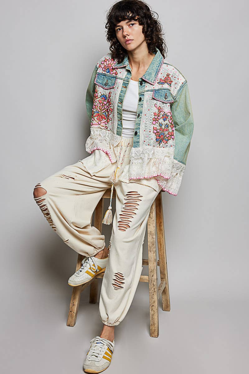 Boho Embroidered Denim Lace Jacket
