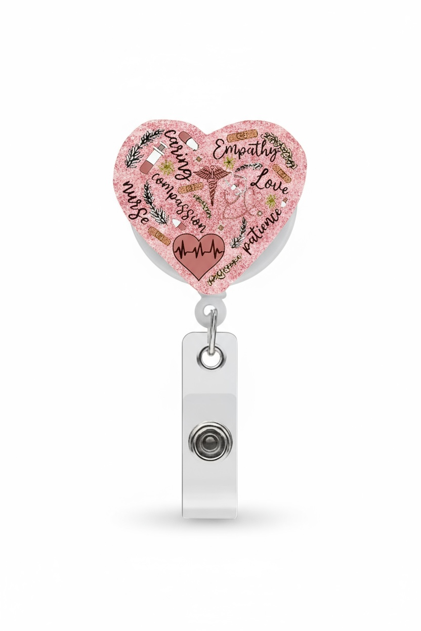 Pink Glitter Heart Badge Reel