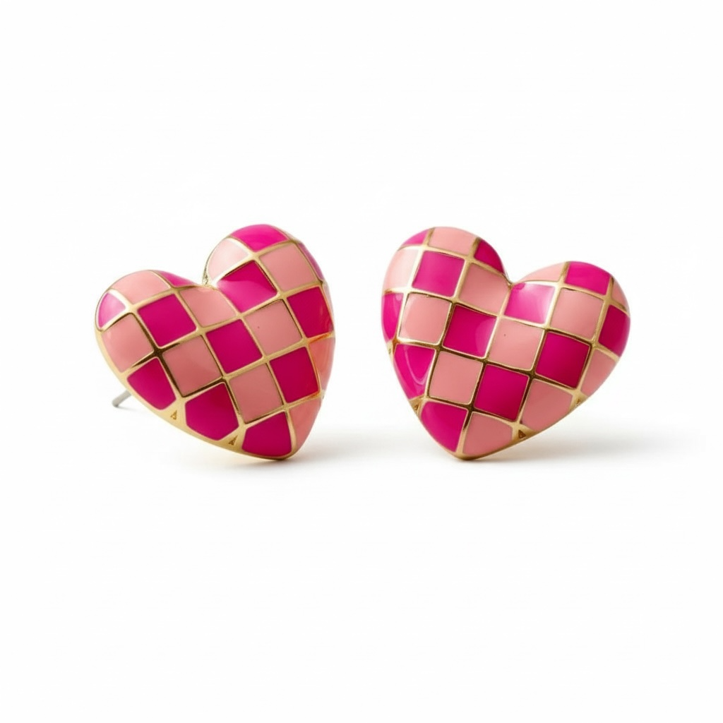 Checkered Enamel Heart Stud Earrings