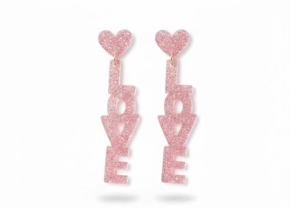 Glitter Acrylic LOVE Dangle Drop Earrings