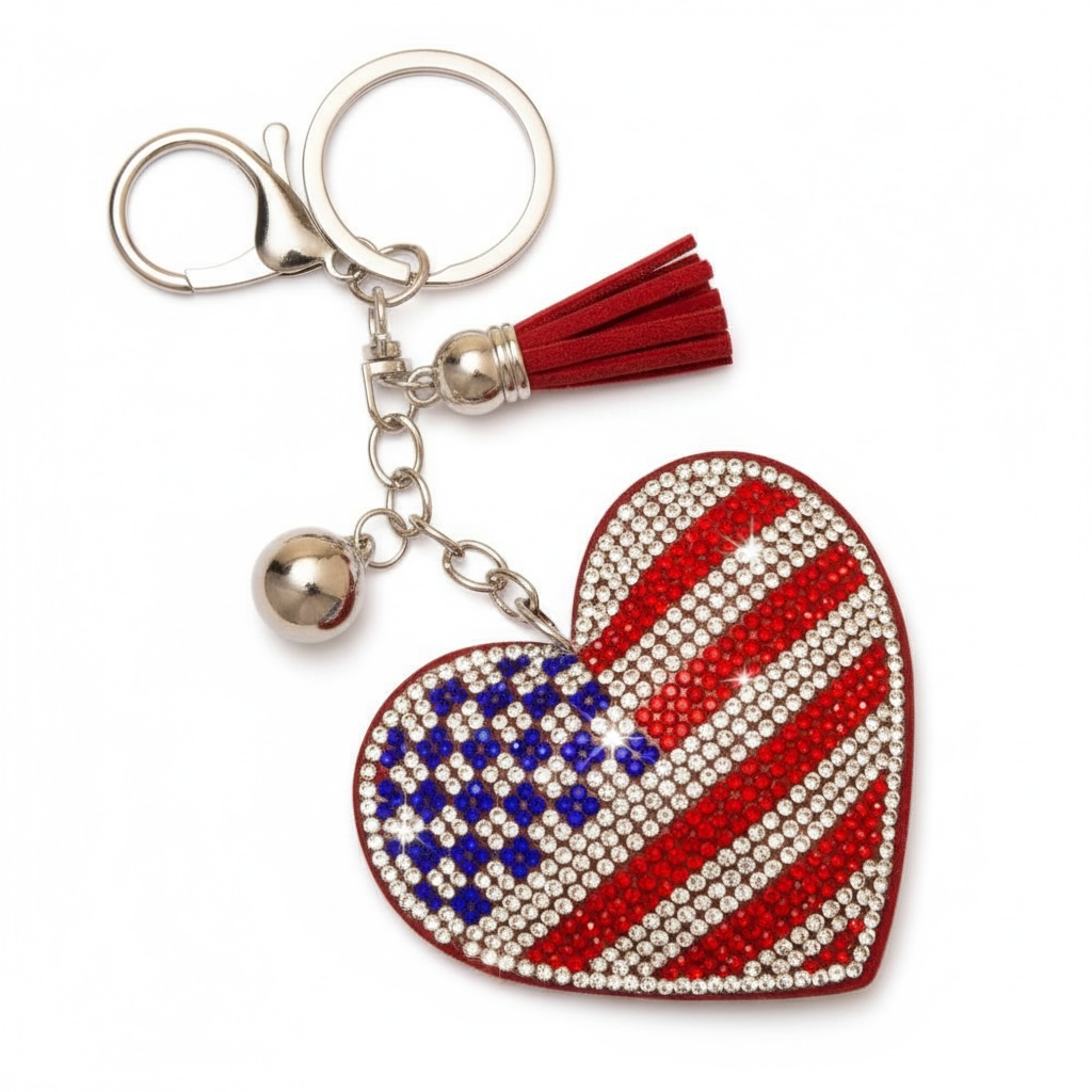Red White + Blue Rhinestone Pavé Heart Tassel Keychain