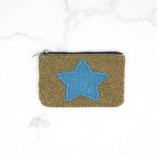 Gold + Blue Large Beaded Coin Purse/Pouch