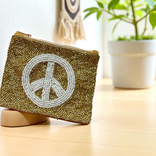 Gold Peace Sign Beaded Coin Purse/Pouch