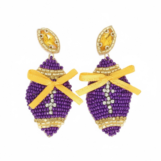 Gameday Football with Bow Crystal Beaded Dangle Earrings: Purple + Yellow