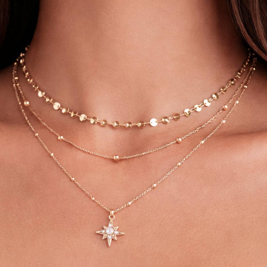 18K Gold PVD Plated Stainless Steel Celestial Layered Necklace – 8023: S0OX3T8023