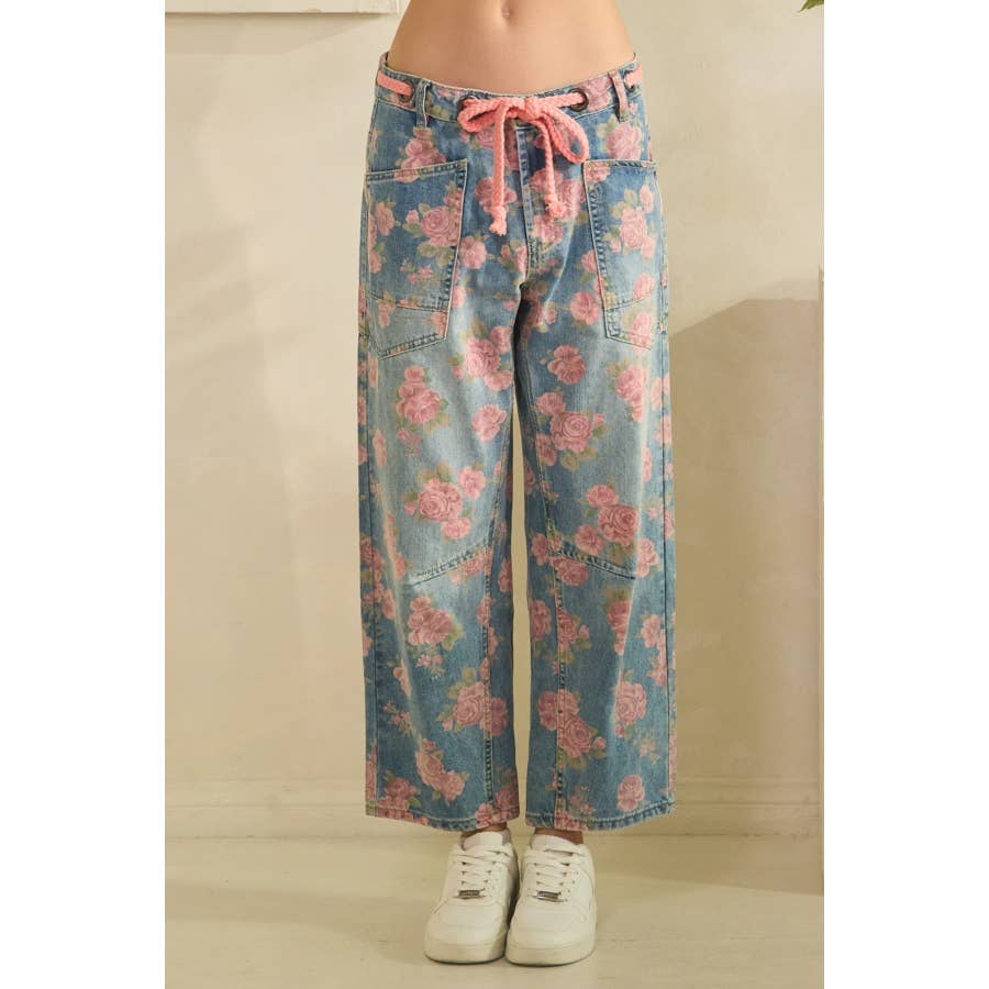 Washed Denim Floral Print Barrel Jeans
