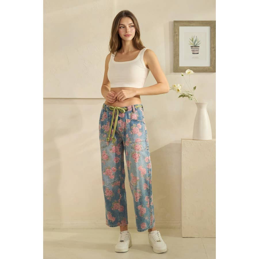 Washed Denim Floral Print Barrel Jeans