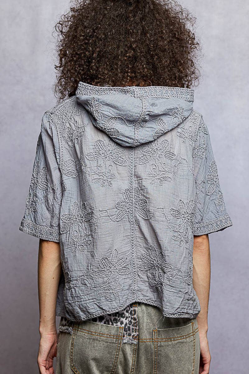 Floral Embroidered Crochet Hooded Top