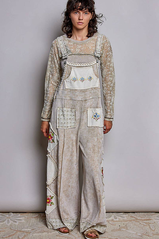 Vintage Embroidered Patchwork Lace Trim Utility Jumpsuit