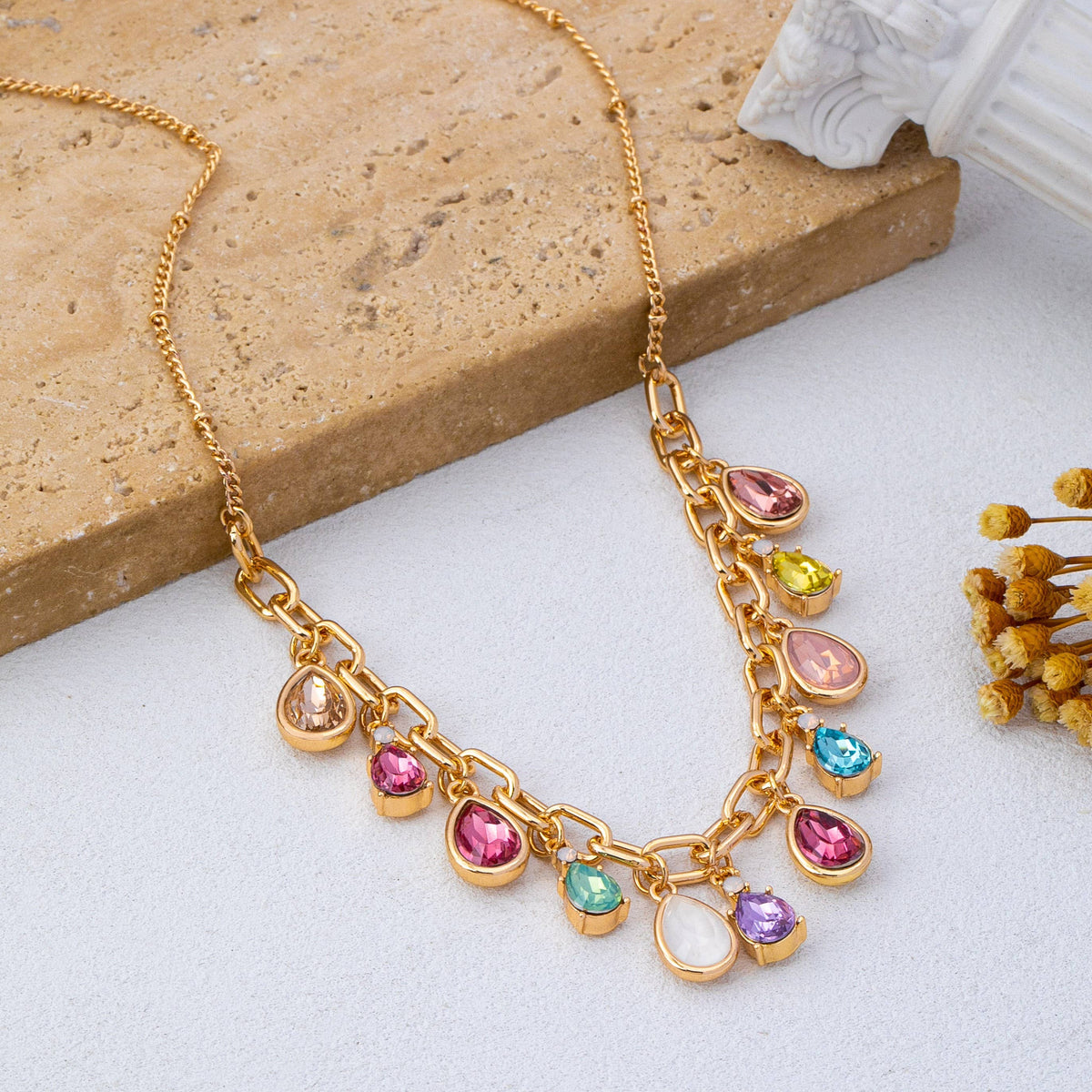 Multicolor Teardrop Crystal Charm Necklace | 80N93407: Gold