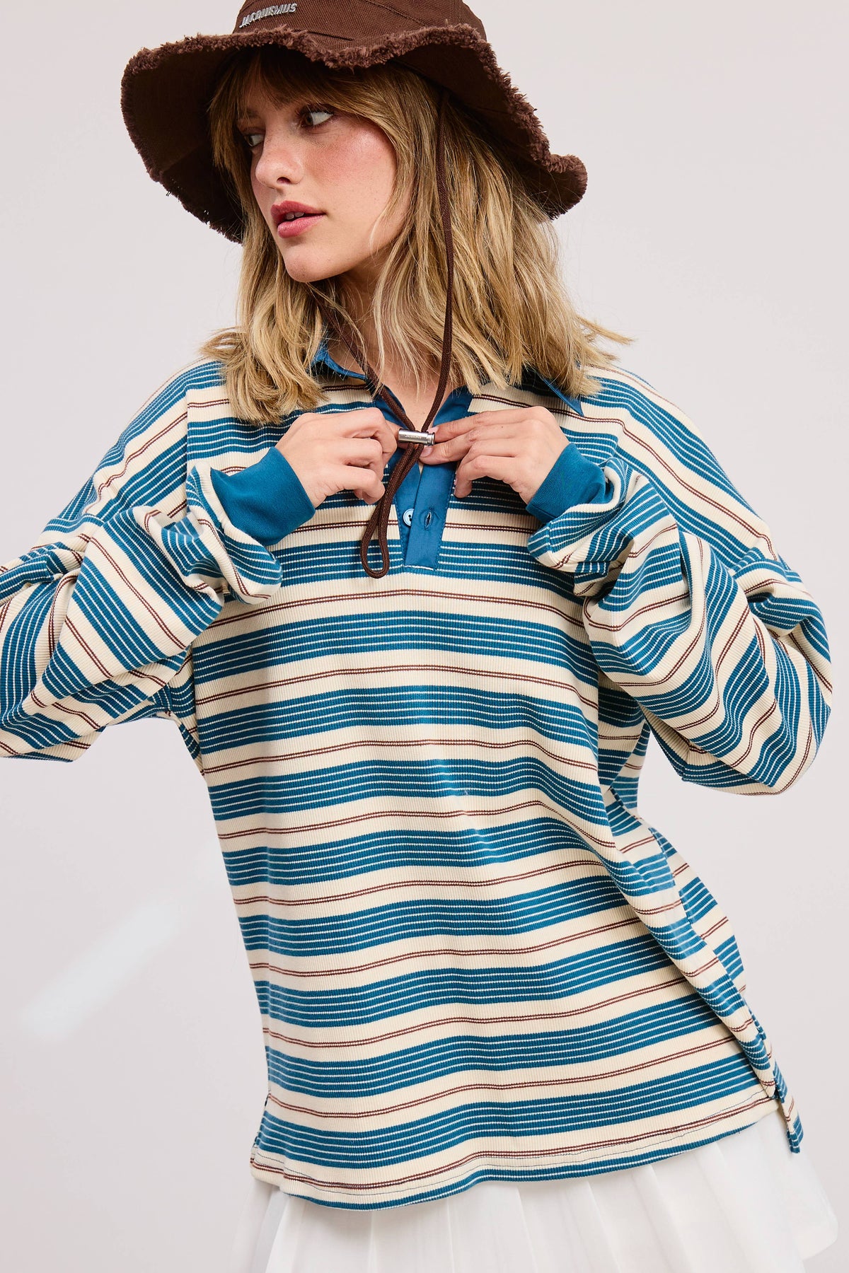 Stripe Oversized Long Sleeve Polo - Laurel