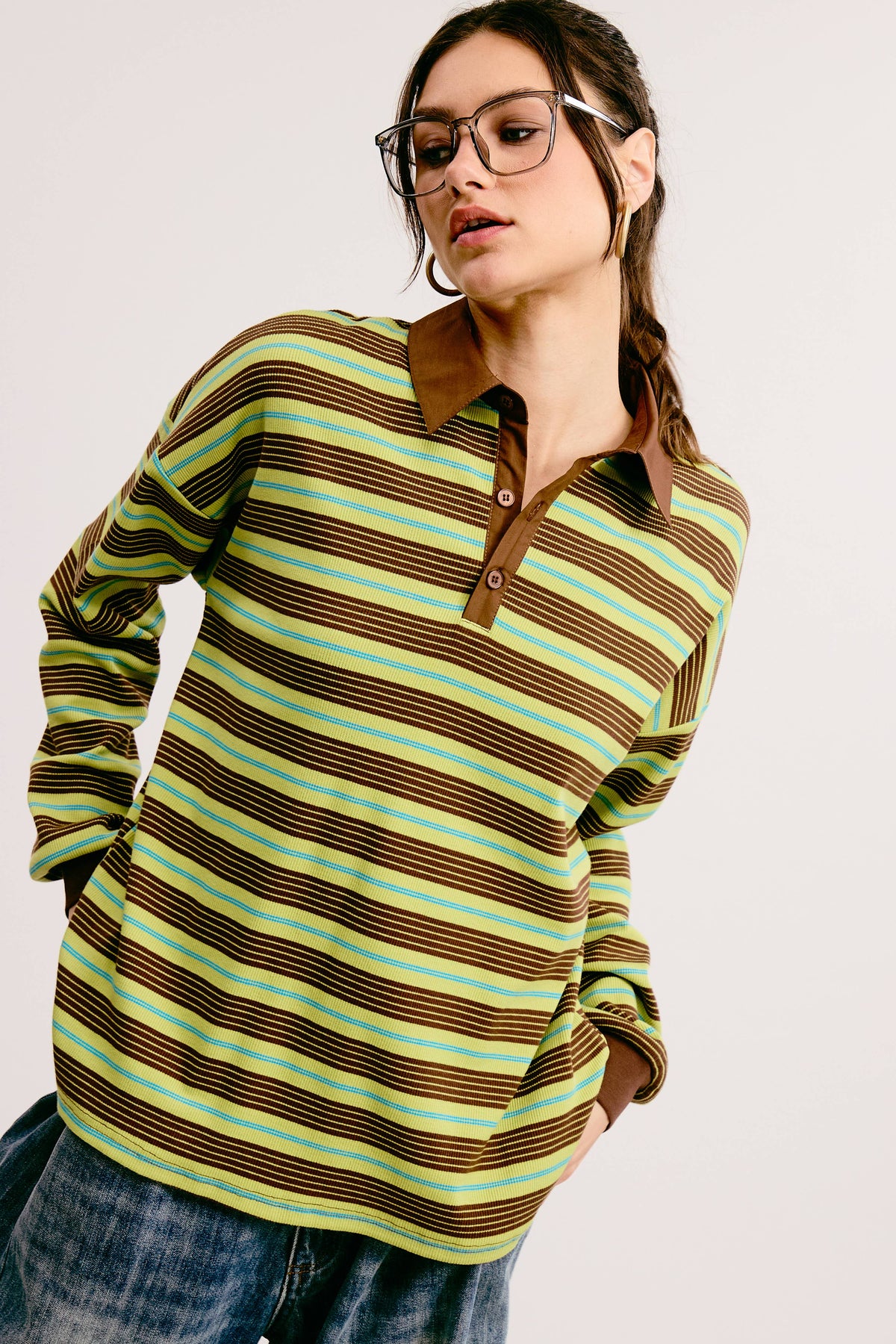 Stripe Oversized Long Sleeve Polo/ LAUREL