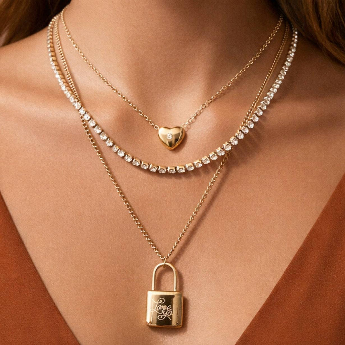 18K Gold PVD Plated Stainless Steel Layered Lock Necklace – 7904: S0OX3T7977