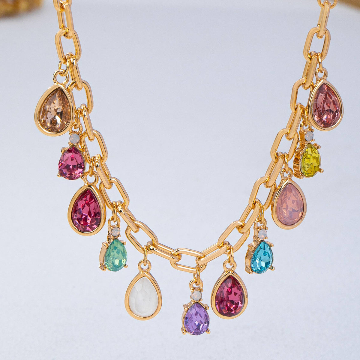 Multicolor Teardrop Crystal Charm Necklace | 80N93407: Gold