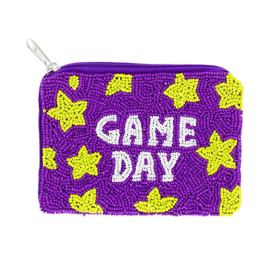Game Day Stars Beaded Zipper Coin Bag : Purple + Yellow