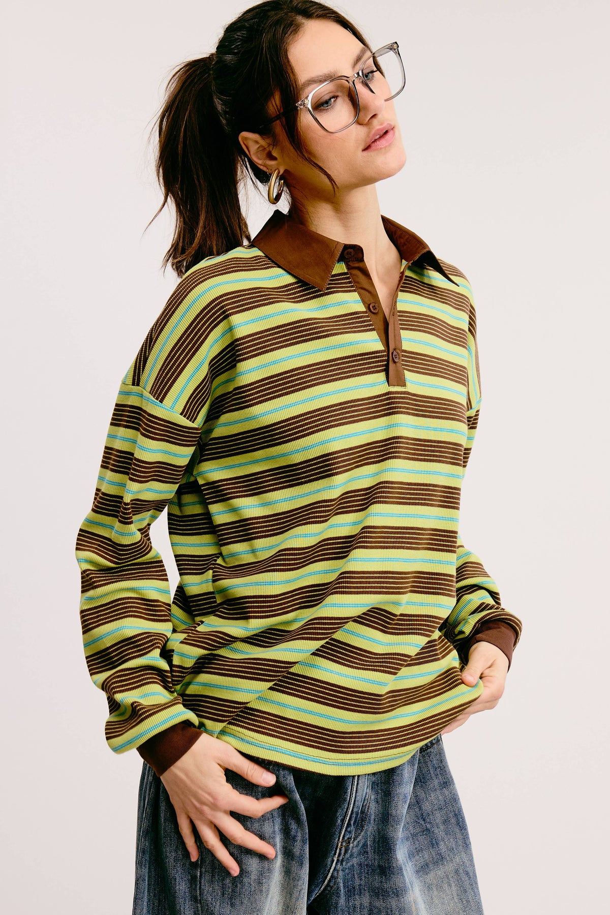 Stripe Oversized Long Sleeve Polo/ LAUREL