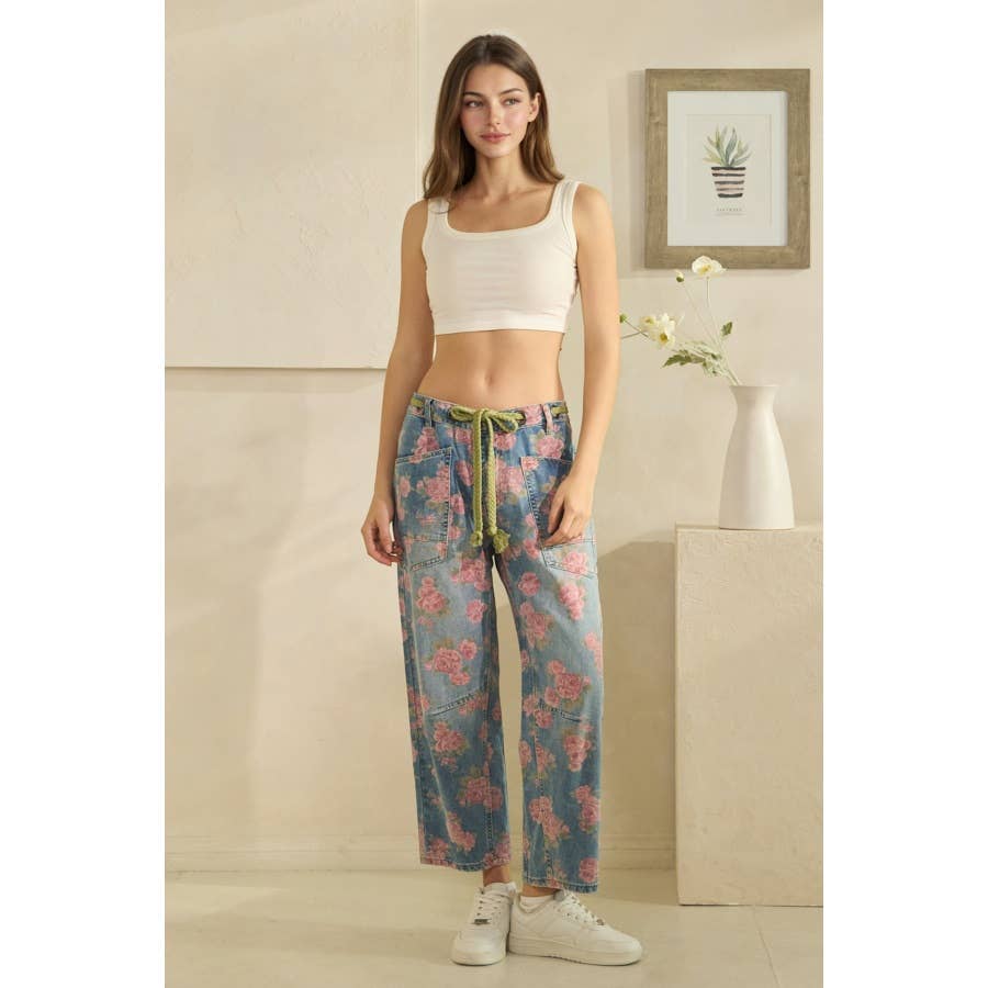 Washed Denim Floral Print Barrel Jeans