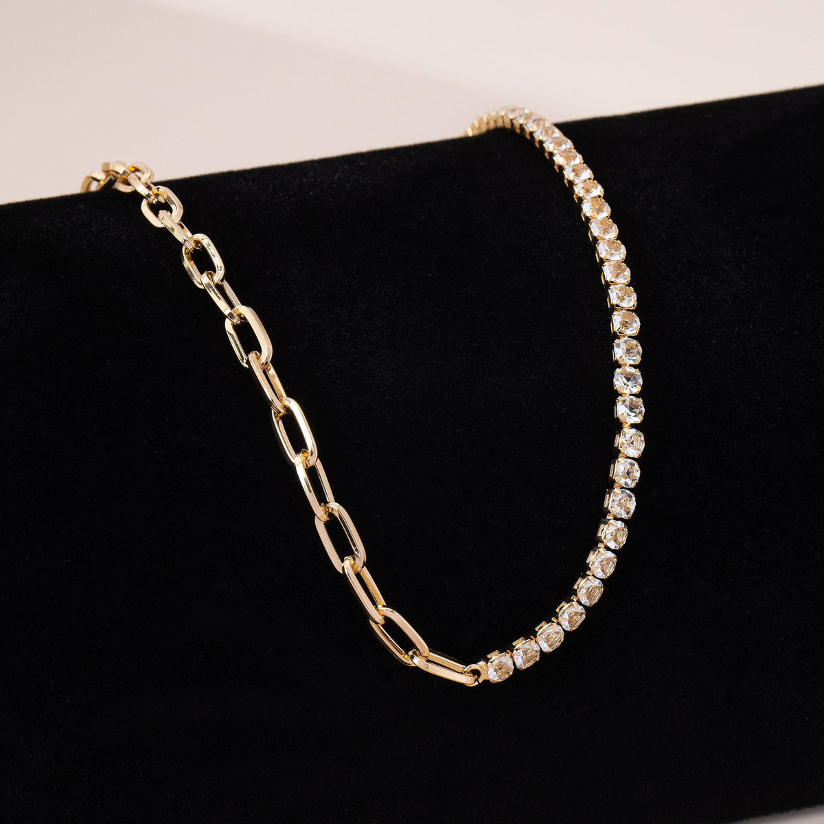 Dual Necklace-Half Rhinestones & Half Link Chain | 80N92669: GOLD