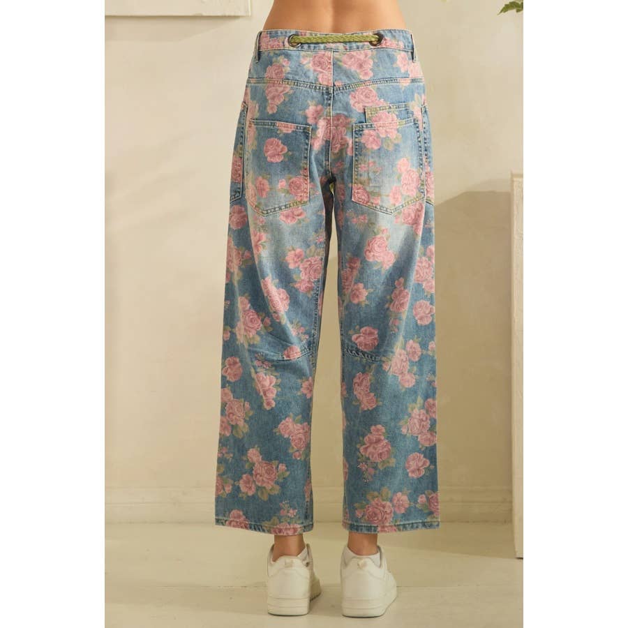 Washed Denim Floral Print Barrel Jeans