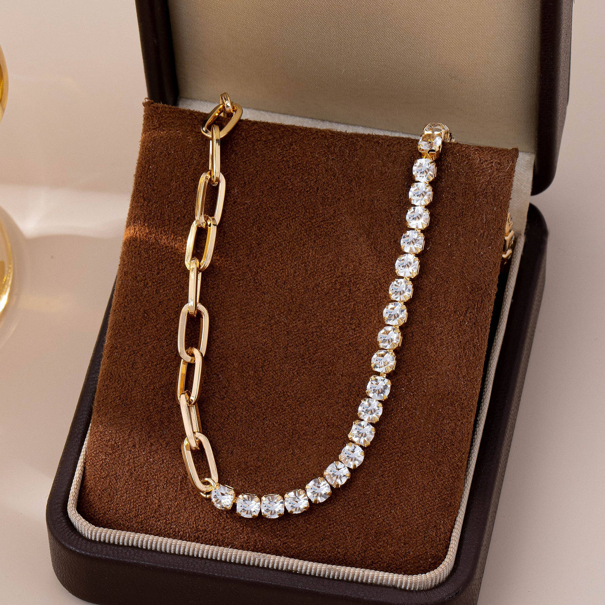 Dual Necklace-Half Rhinestones & Half Link Chain | 80N92669: GOLD